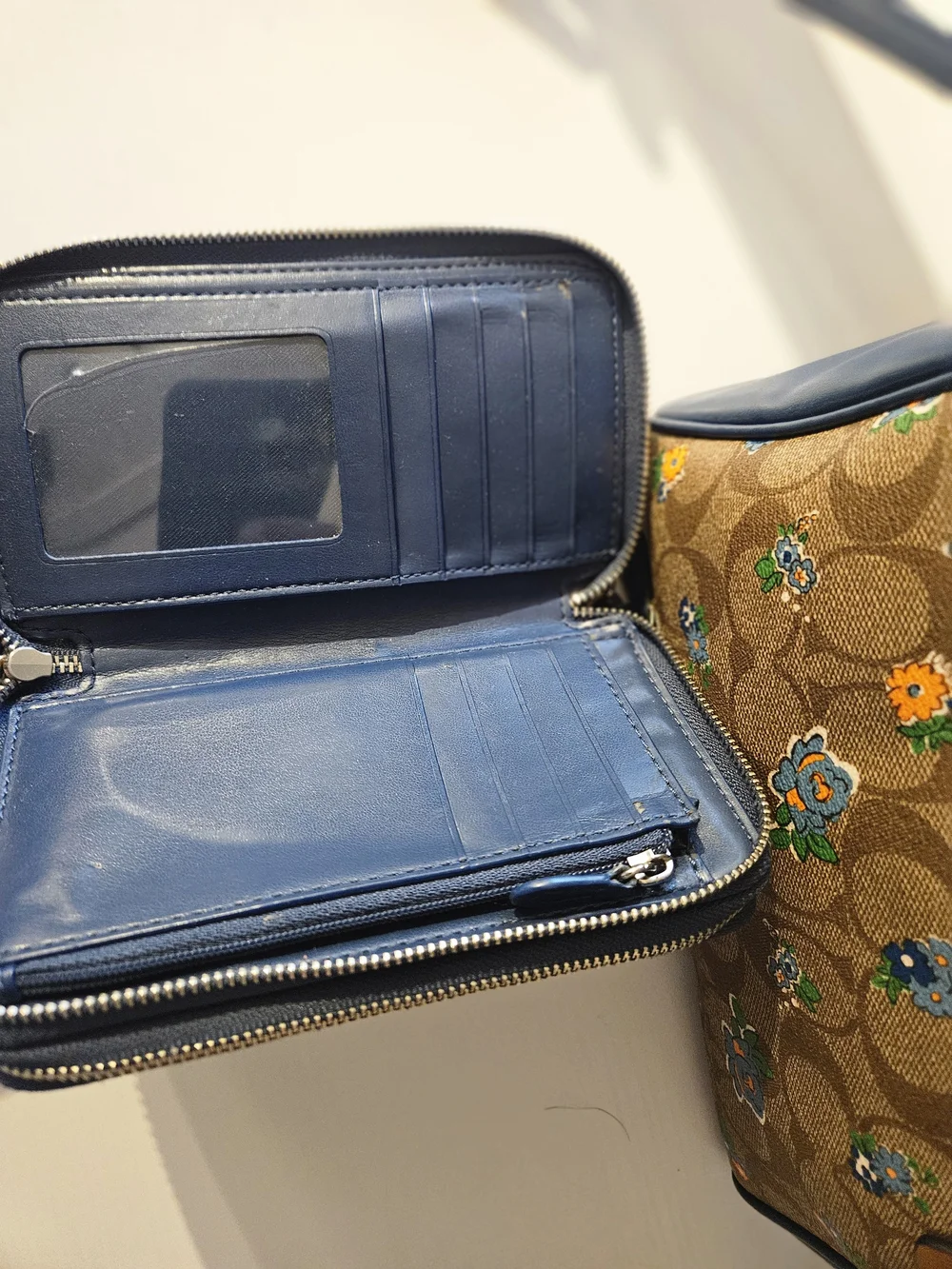 Coach Tan Signature Floral Satchel with Blue Trim and Matching Wallet